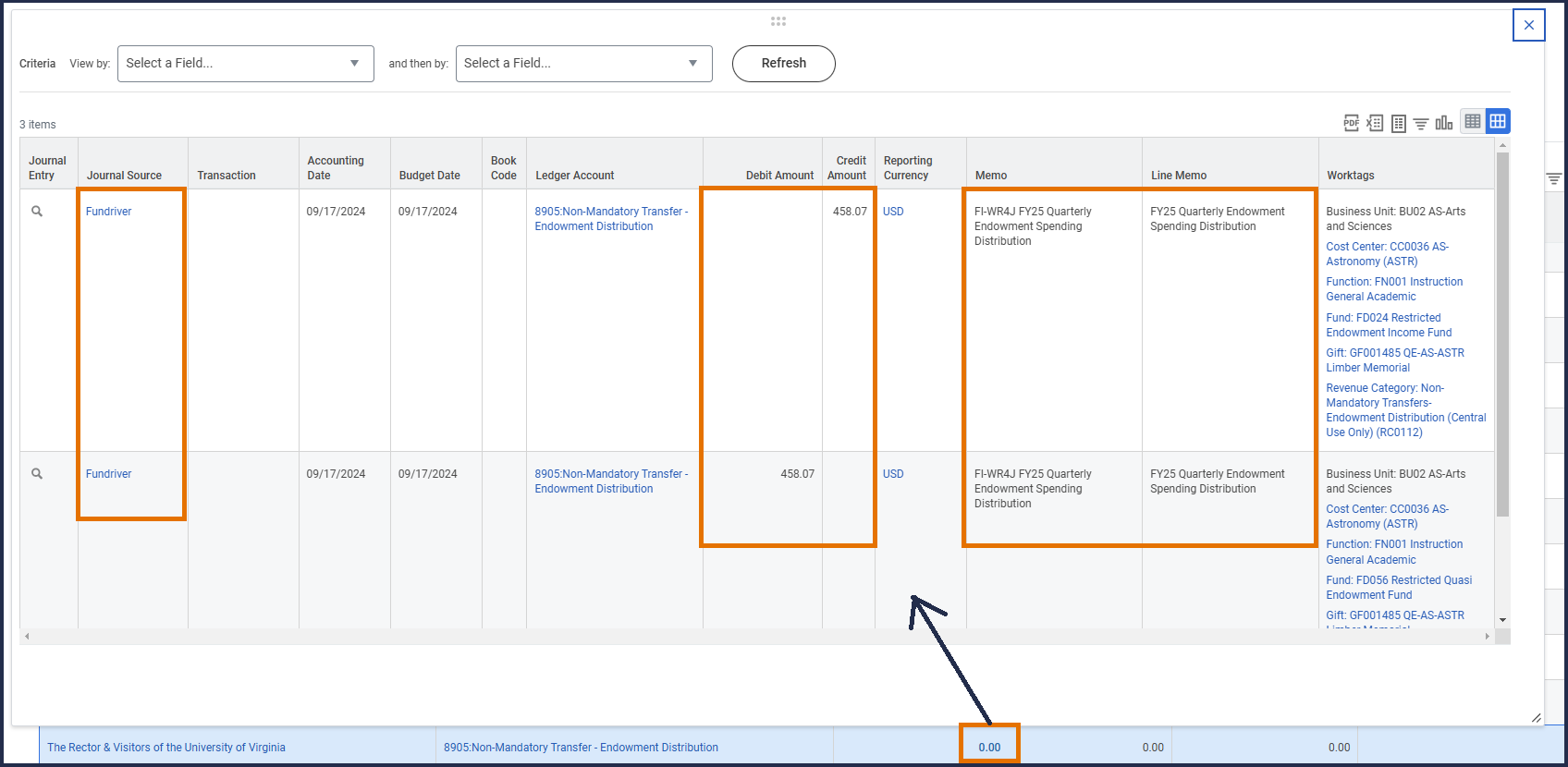 8905 ledger account pop out with Endowment Distribution and Journal Source Fundriver