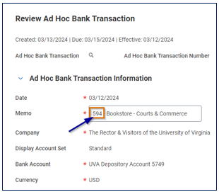 Ad Hoc Bank Transaction Header Memo with Template number highligted