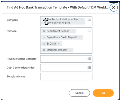 Ad Hoc Bank Transaction Template – With Default FDM Worktags Report Query Screen