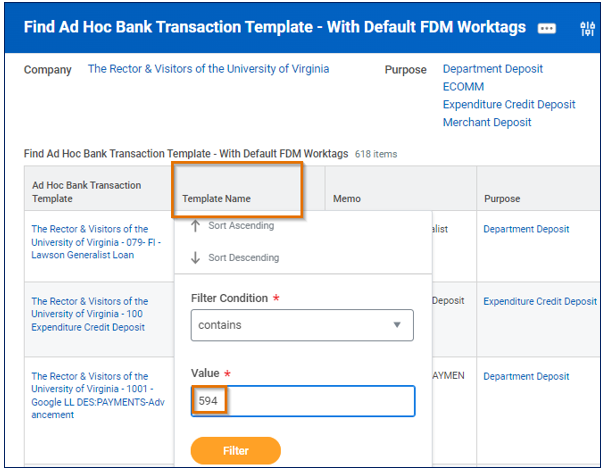 Ad Hoc Bank Transaction Template – With Default FDM Worktags Report with Template Name column highlighted