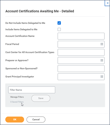 Blank pop up filter screen for the Account Certification Awaiting Me Detailed report