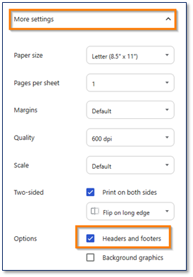 Chrome Print Headers and Footers setting