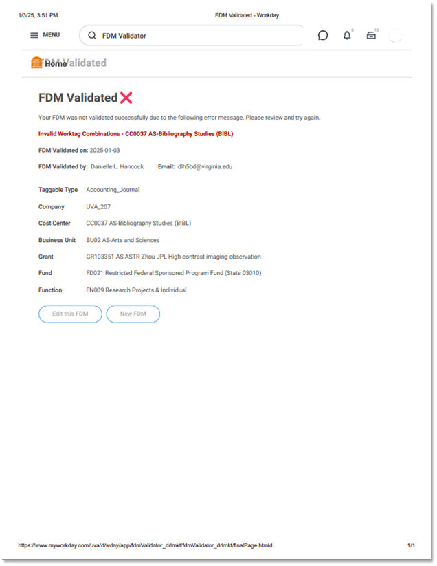 FDM Not Valid Worktags for Website with FDM Validated with an X beside.