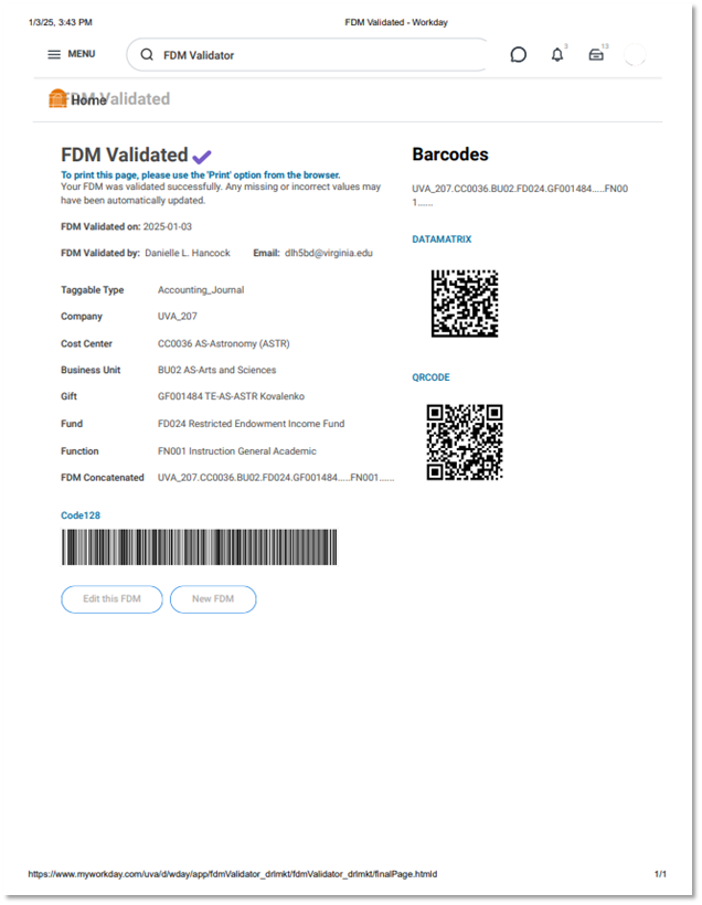 FDM Valid Worktags print page image with FDM Validated Checkmark