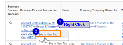 Image of how to Right Click on a blue link in Workday and select See in New Tab from the menu
