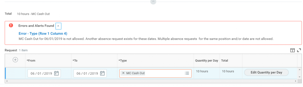 MC Cash Out for (Date) is not allowed.  Another absence request exists for these dates.