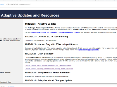 Screen shot of Adaptive Planning Announcements page.  Shows the link for training.